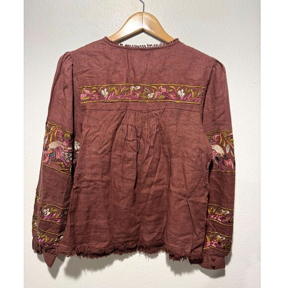 Sundance bohemian shirt embroidered bird floral 100% linen brown cottage women S - Picture 2 of 8